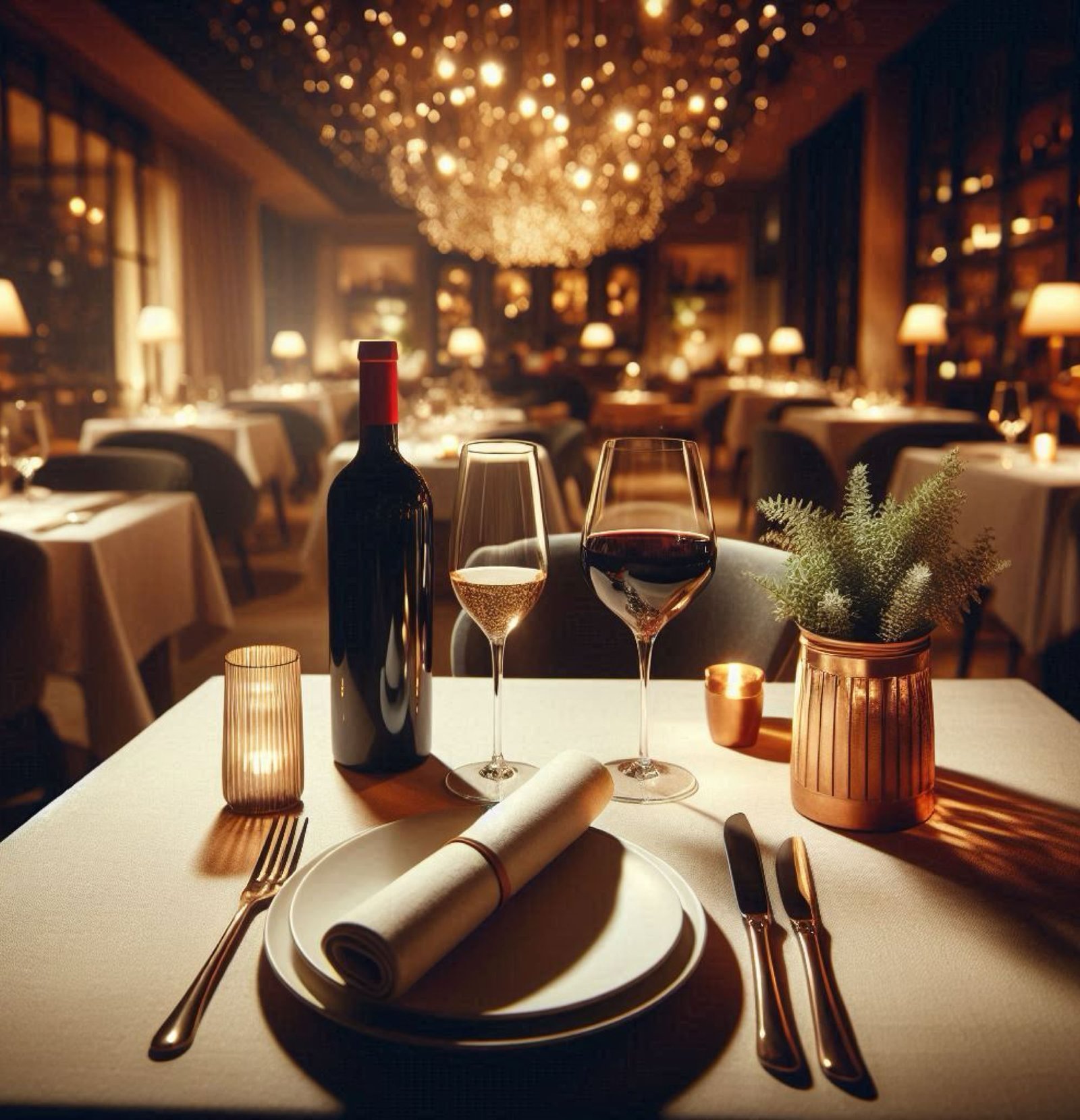 A dimly lit restaurant on coronado with a table set for two, featuring a wine bottle, two glasses, a rolled napkin, cutlery, and a small plant in a copper pot.